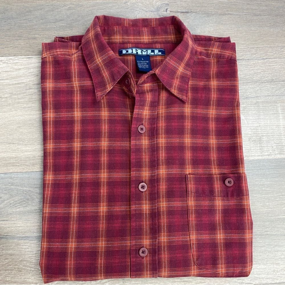 Drill Plaid Casual Button Down Cotton‎ Shirt Maroon Orange Large Long Sleeve